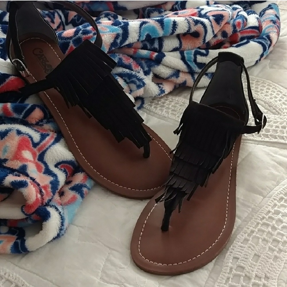 Carlos Santana Black Fringe Sandals